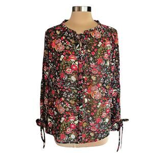 Simply Styled Boho Dark Floral Semi-Sheer Chiffon Top Sz L Ruffled Button Front